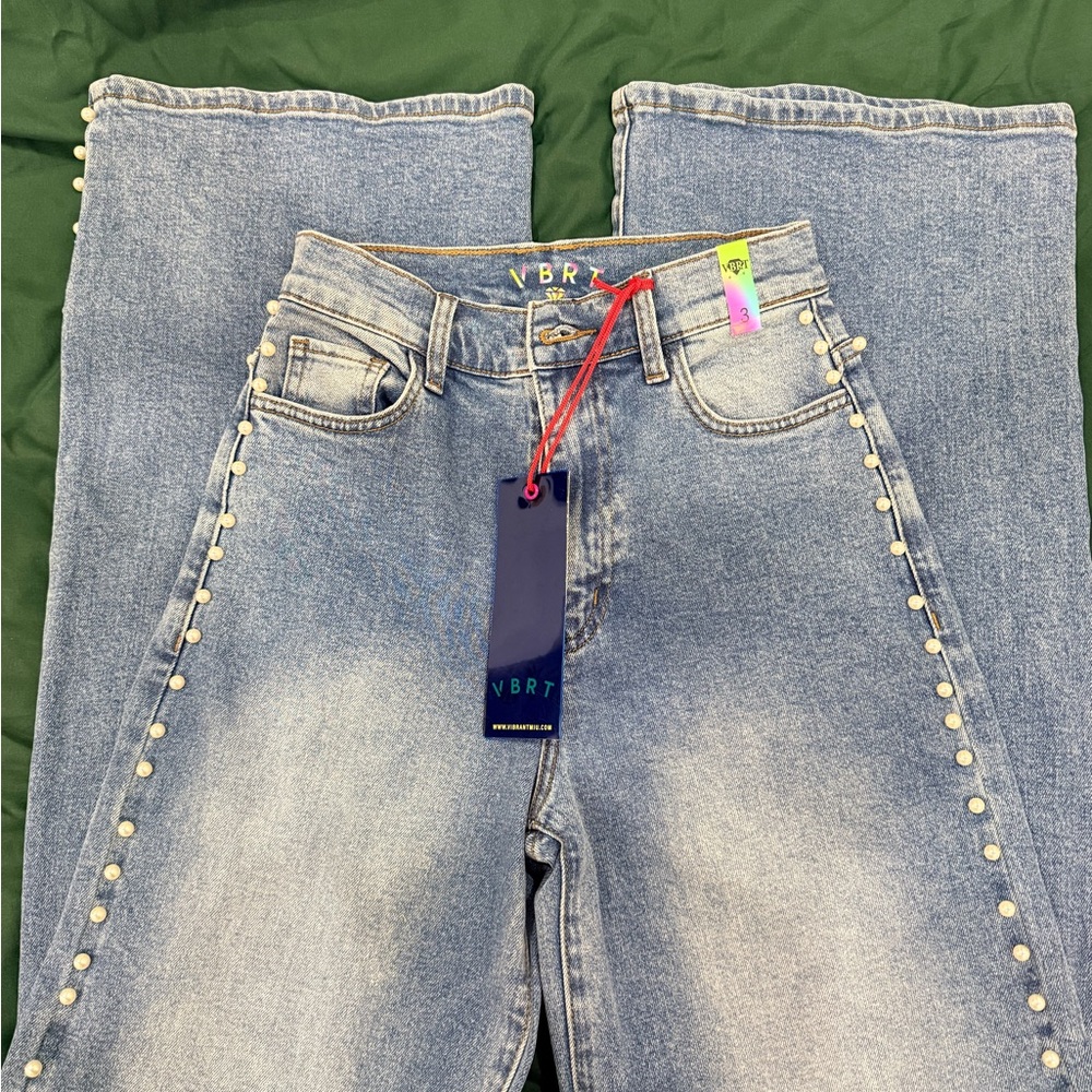 Banana Republic Women's Light Blue Flare Jeans with Pearl Details